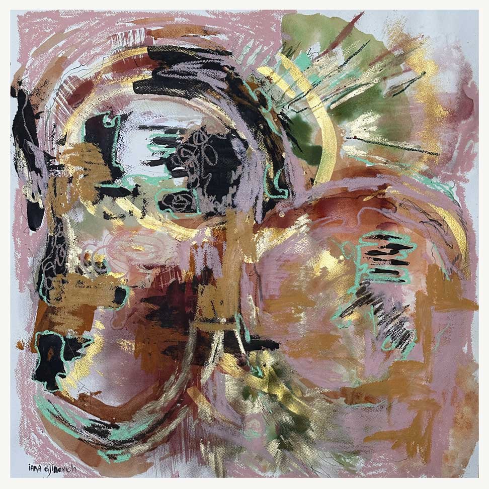 Pintura abstracta en tonos mayoritariamente rosados con detalles en verde, dorado y negro.