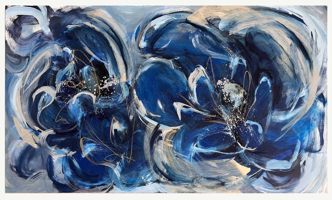 pintura figurativa en tonos azul, con trazos gestuales sobre lienzo, mayor resolución.