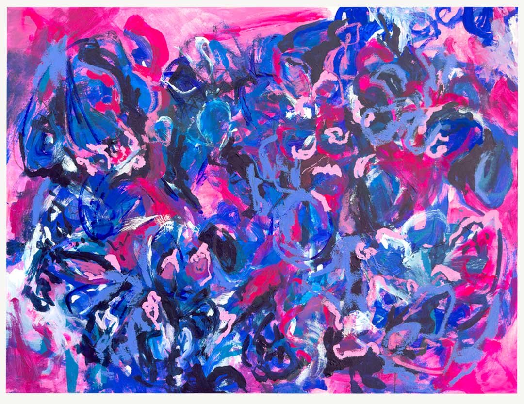 Más detalle. Pintura de trazos entrelazados en tonos azules y rosas vibrantes. técnica mixta.