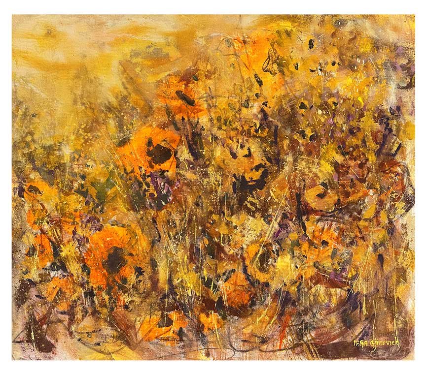 Pintura figurativa de paisaje florido arropado por los tonos cálidos del final de la tarde.