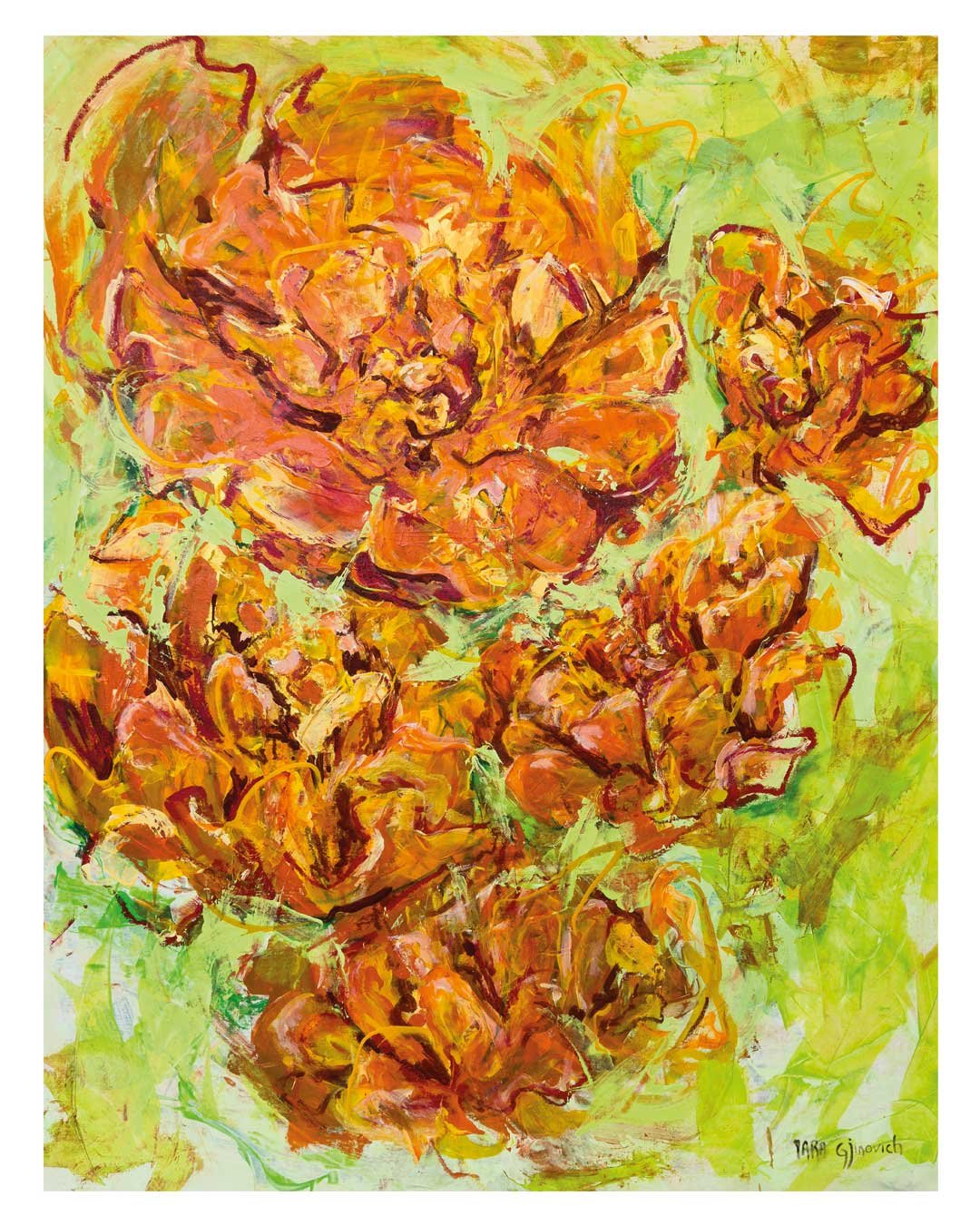 Pintura figurativa acrílica homenaje a la flor tradicional de día de muertos, el cempasúchil. Tonos naranjas y verdes, líneas sueltas.