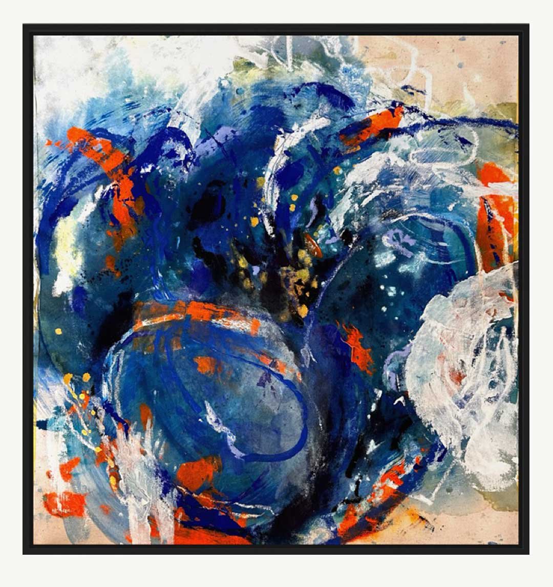 Pintura de técnica mixta. Abstracto-figurativo expresivo en tonos azules con detalles complementarios en naranja.