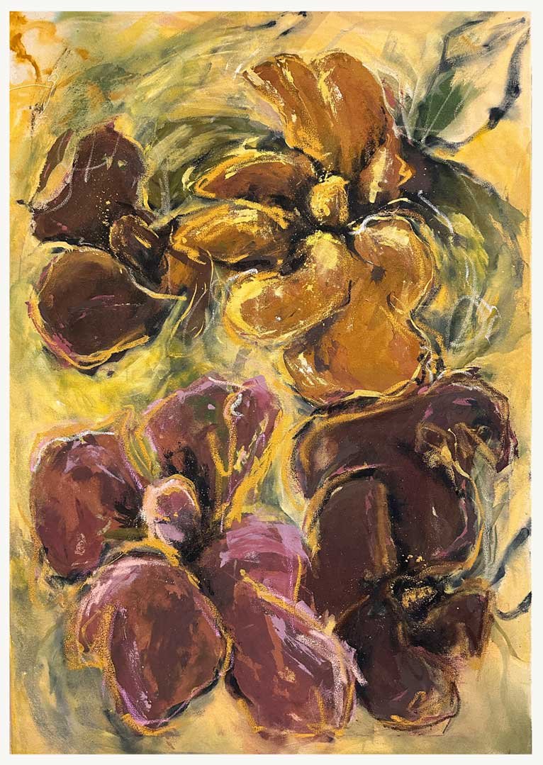 Pintura figurativa sobre lienzo. Flores trabajadas de manera expresiva en tonos tierra.