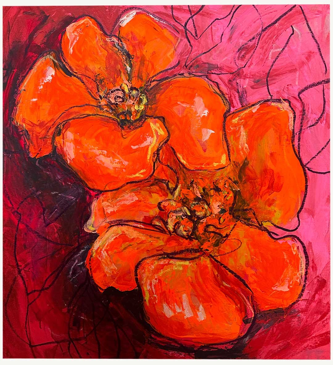 Pintura figurativa, expresiva con colores vibrantes en tonos naranja y rosa.