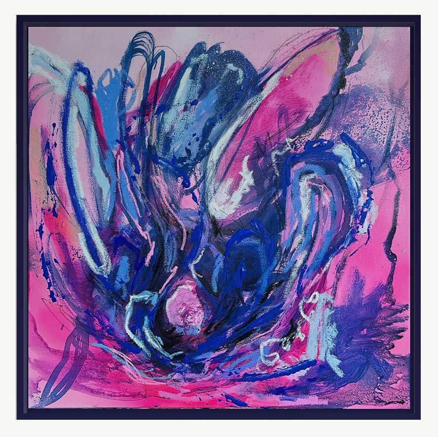 Pintura abstracta, expresiva, en tonos rosa y azul vibrante.